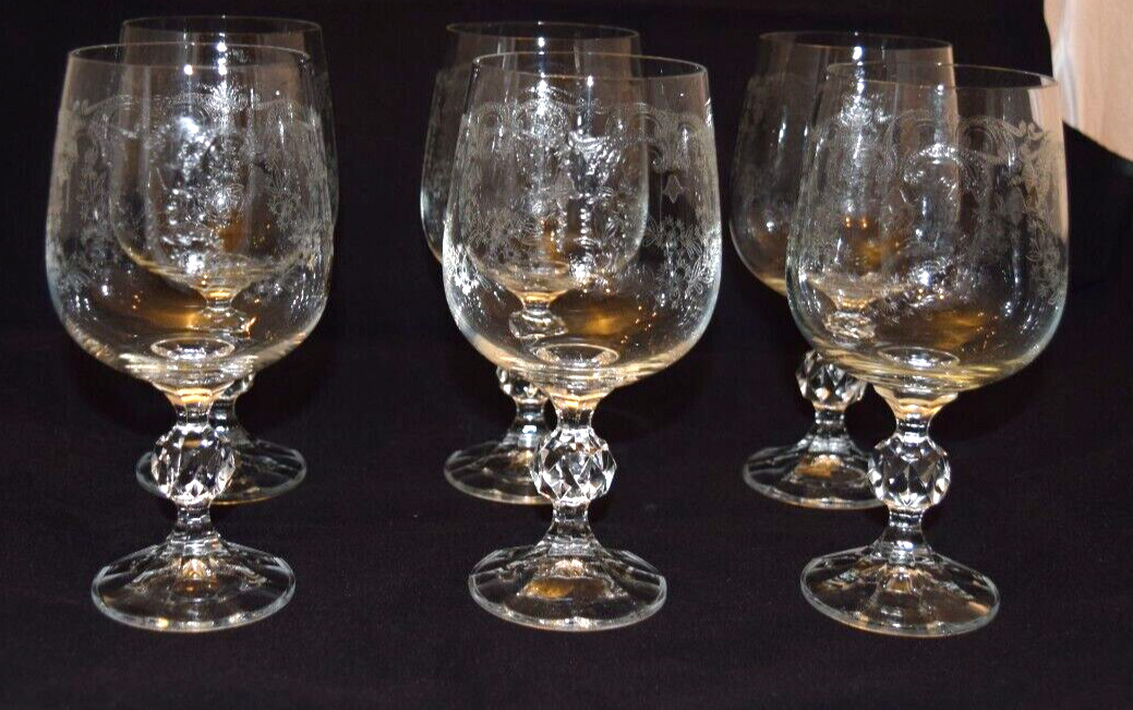 Set of 6 Cascade Bohemian Fine Lead Crystal Lead Etched Wine Glasses