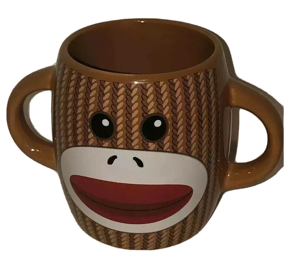 Galerie Double Sided Double Handle Sock Monkey 8 oz Ceramic Coffee Tea Mug Fun