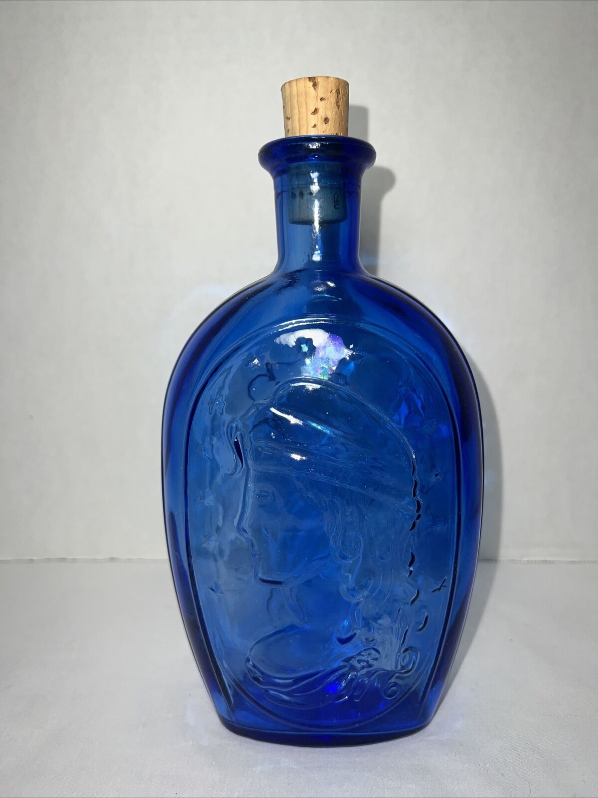 Vintage Blue Wheaton Glass Flask Bottle - Lady Liberty & Eagle Blue 8 3/4” Tall