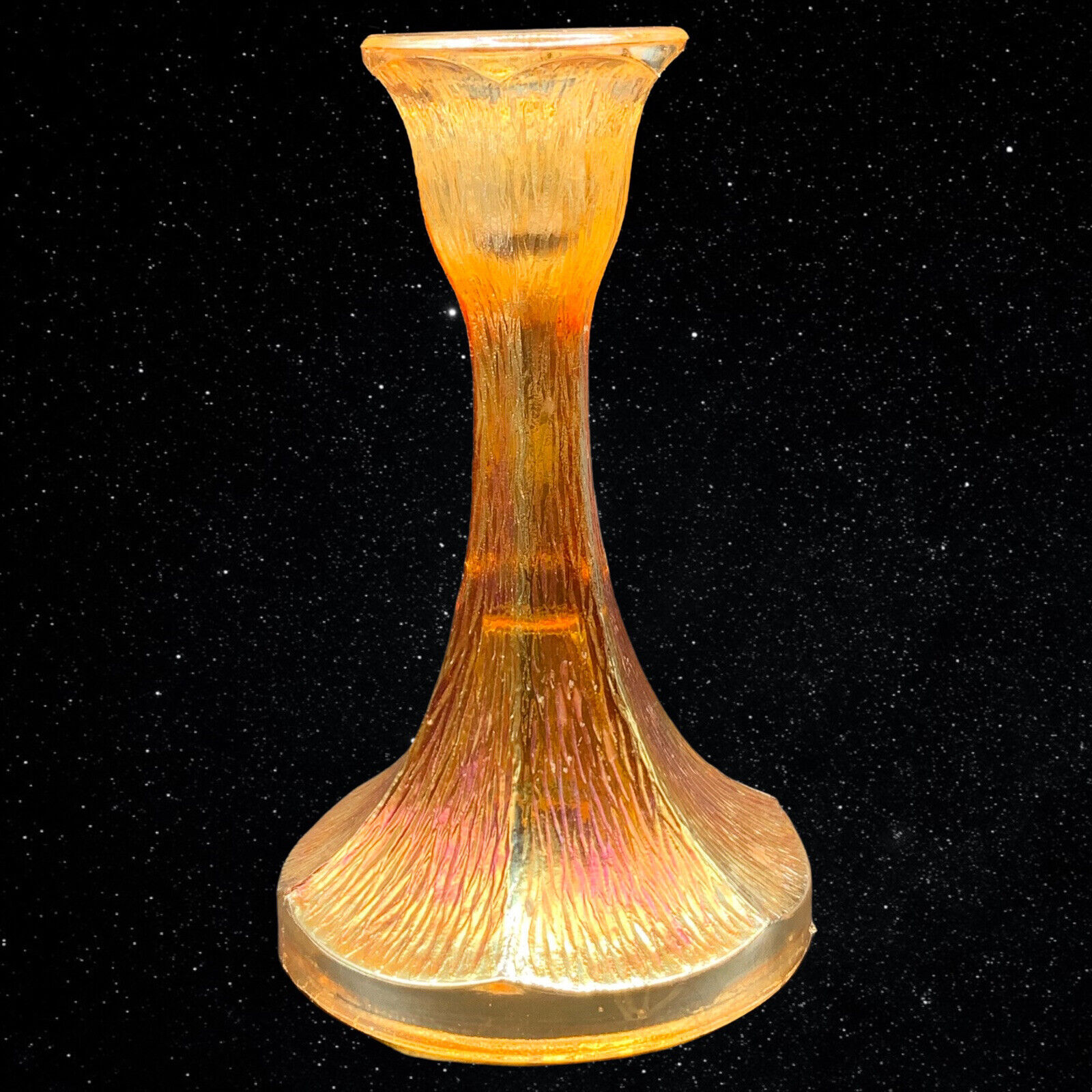Vintage Jeannette Carnival Marigold Art Glass Tree Bark Candle Holder 6.5”T 4”W