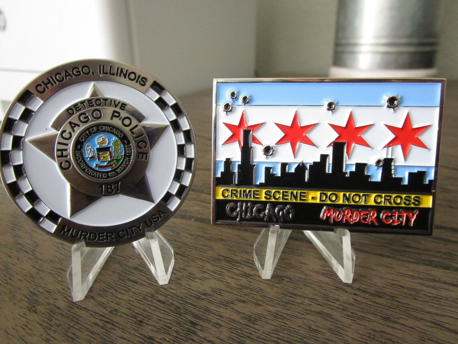  2 Challenge Coins Chicago Police Detective & CPD Grim Reaper Help Wanted Sign