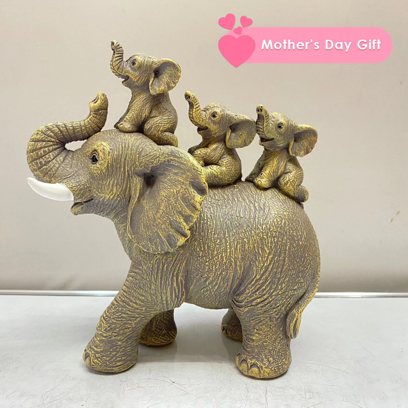 Elephant With Cute 3 Calves Piggyback Elephant Statue Creative Holiday Gift