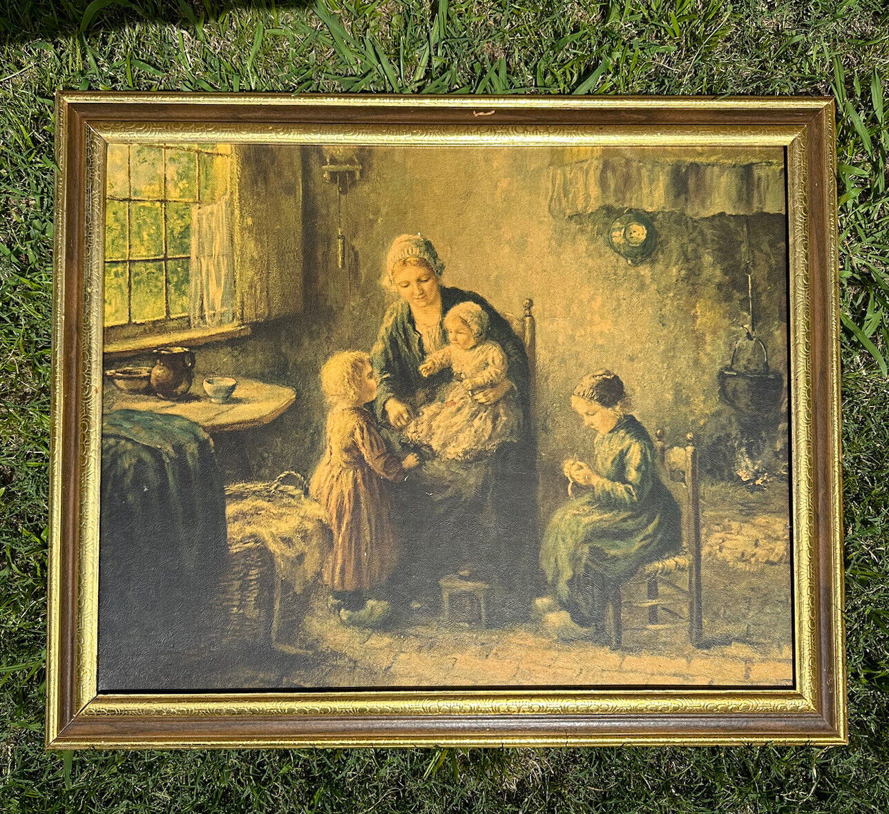 Vintage Cornelius Bouter Dutch Woman Children Art Print Gilded Gold Wood Frame