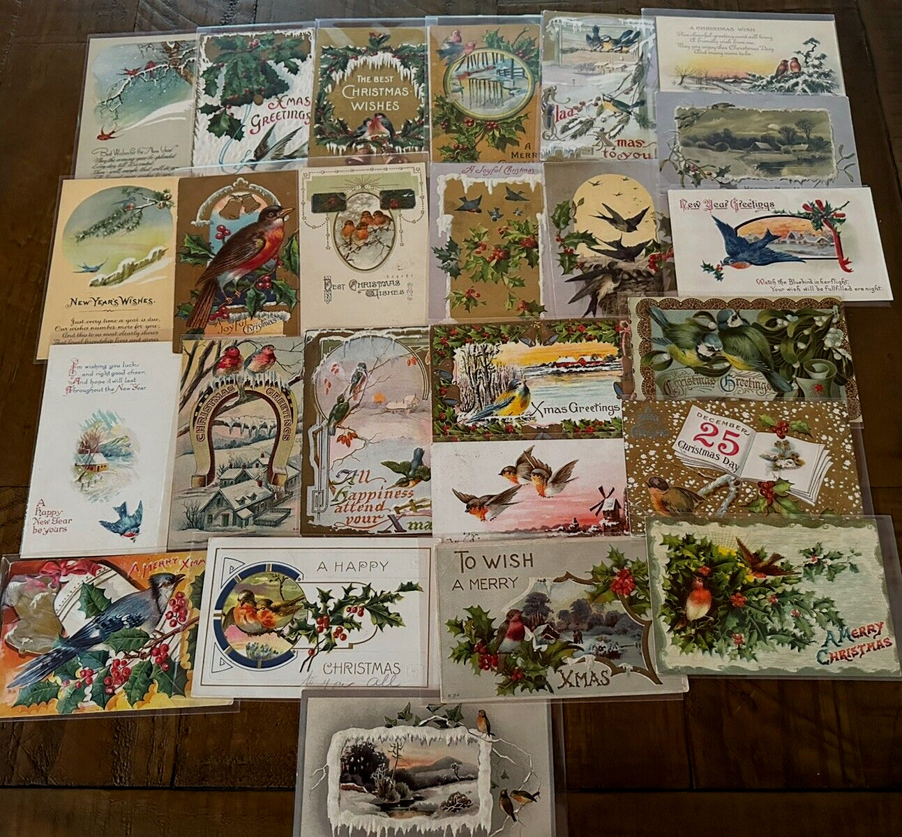 Lot of 25 Antique~CHRISTMAS & NEW YEAR  POSTCARDS with Birds-In Sleeves~k515