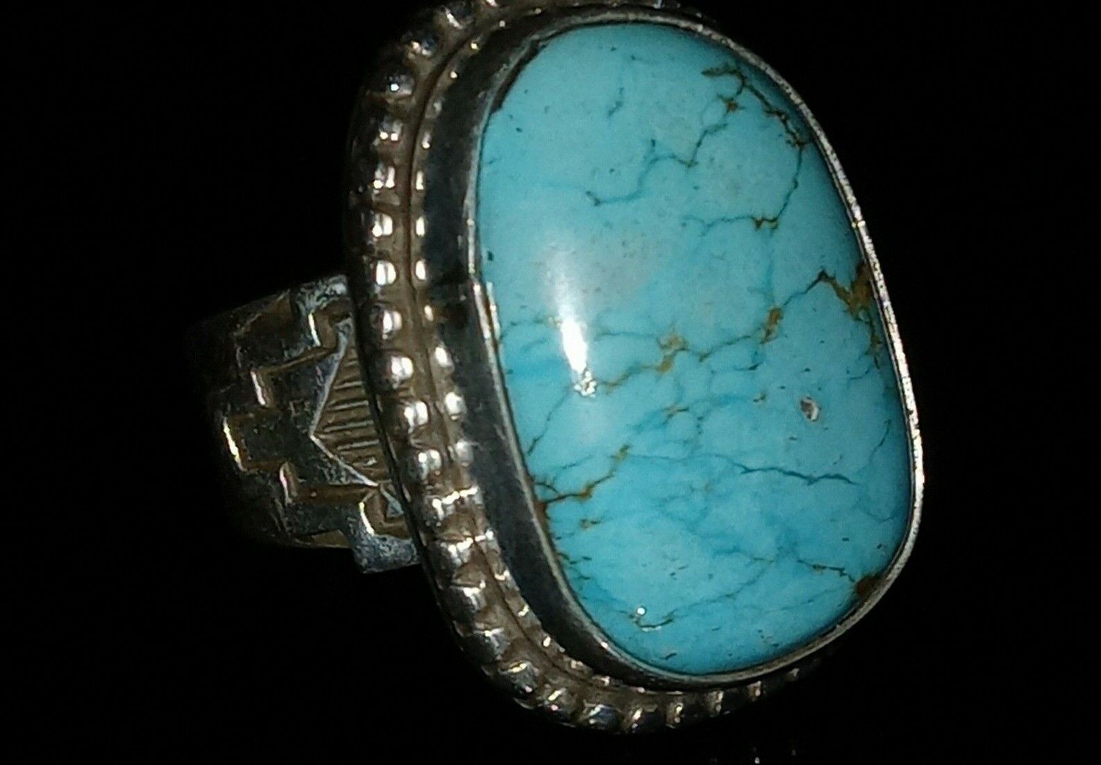 Size7.5 Native American Navajo  Kingman Turquoise & Sterling Silver Signed Ring 