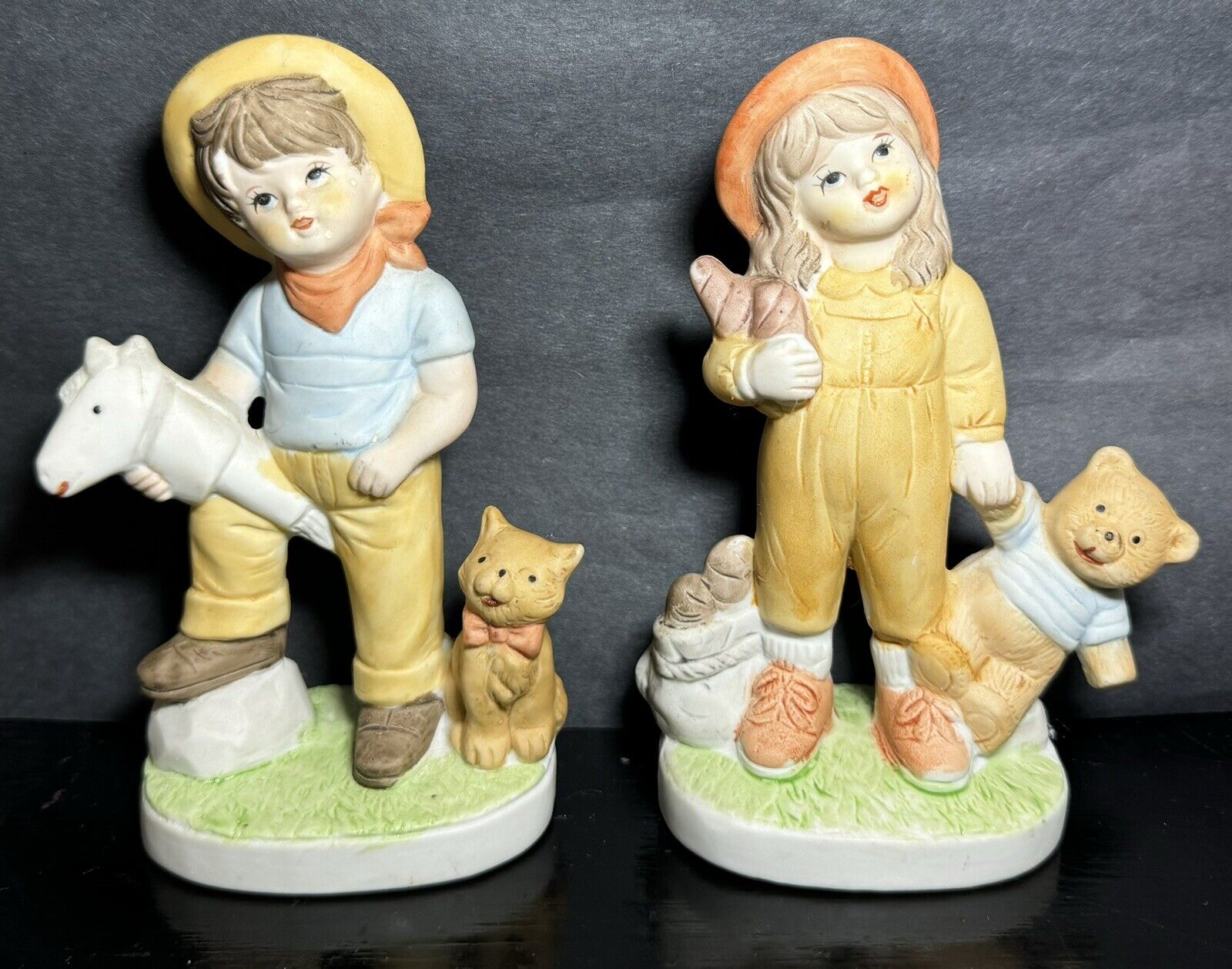 Vintage Porcelain Boy With Cat & Girl With Teddy Bear Figurines 5.5”