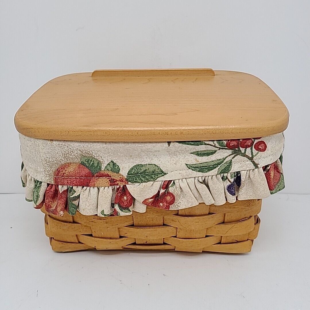 Longaberger 1998 Recipe Box Basket w/Fruit Medley Liner/Protector/Woodcrafts Lid