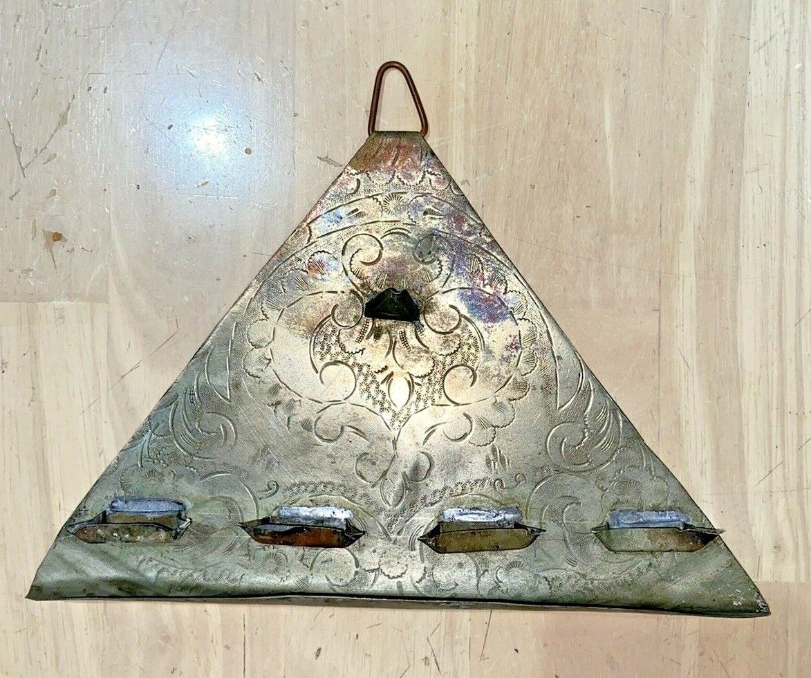 Hanukah Menorah Moroccan Unusual 20th Century Triangular Shape Tin Sheet Rare