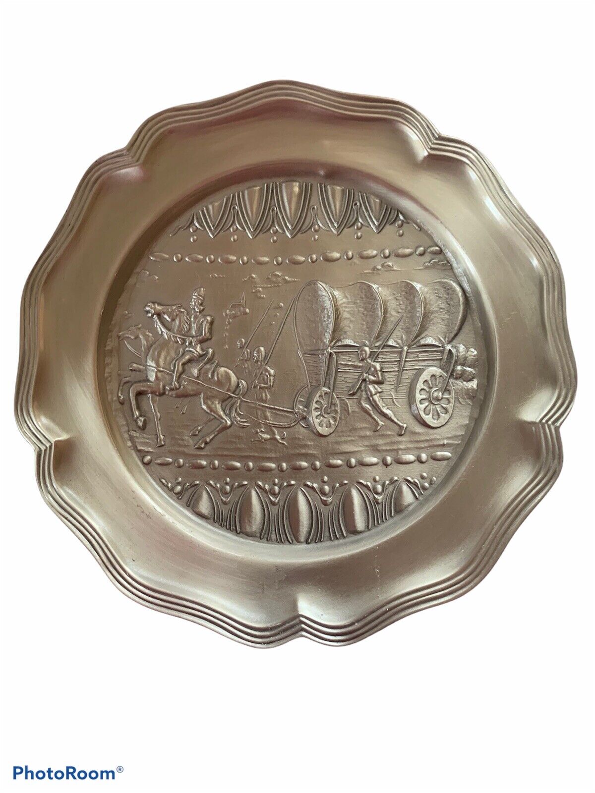 Vintage Plate Pewter Hammered Scene Knights On Horse Pulling Large Cart