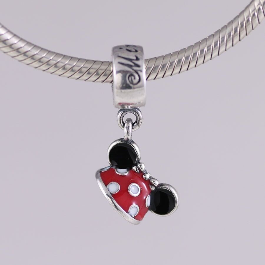 New Pandora Disney Minnie Mouse Ear Hat Dangle Charm Bead w/pouch Red Dot Parks