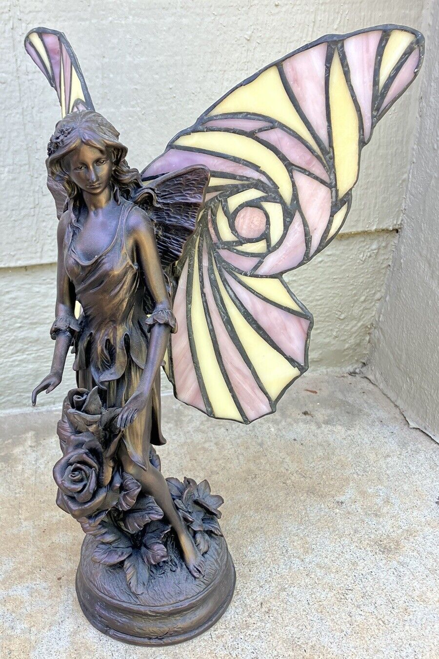 Beautiful Tiffany Style Pixie Fairy with Stained Glass Wings Brass Figure
