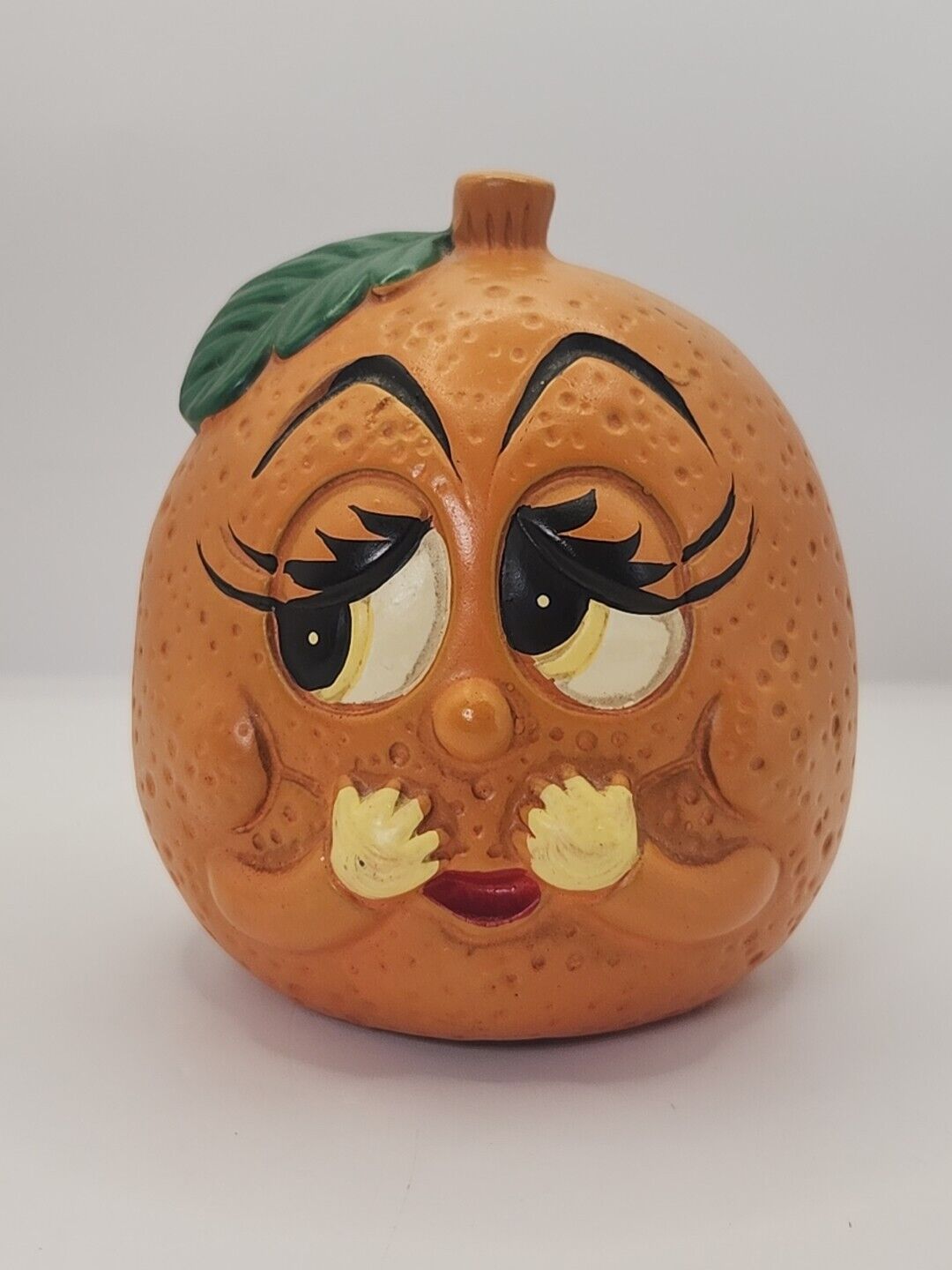 Vtg Hard Plastic Orange Fruit Piggy Bank Anthropomorphic Cutie Long Eyelashes 