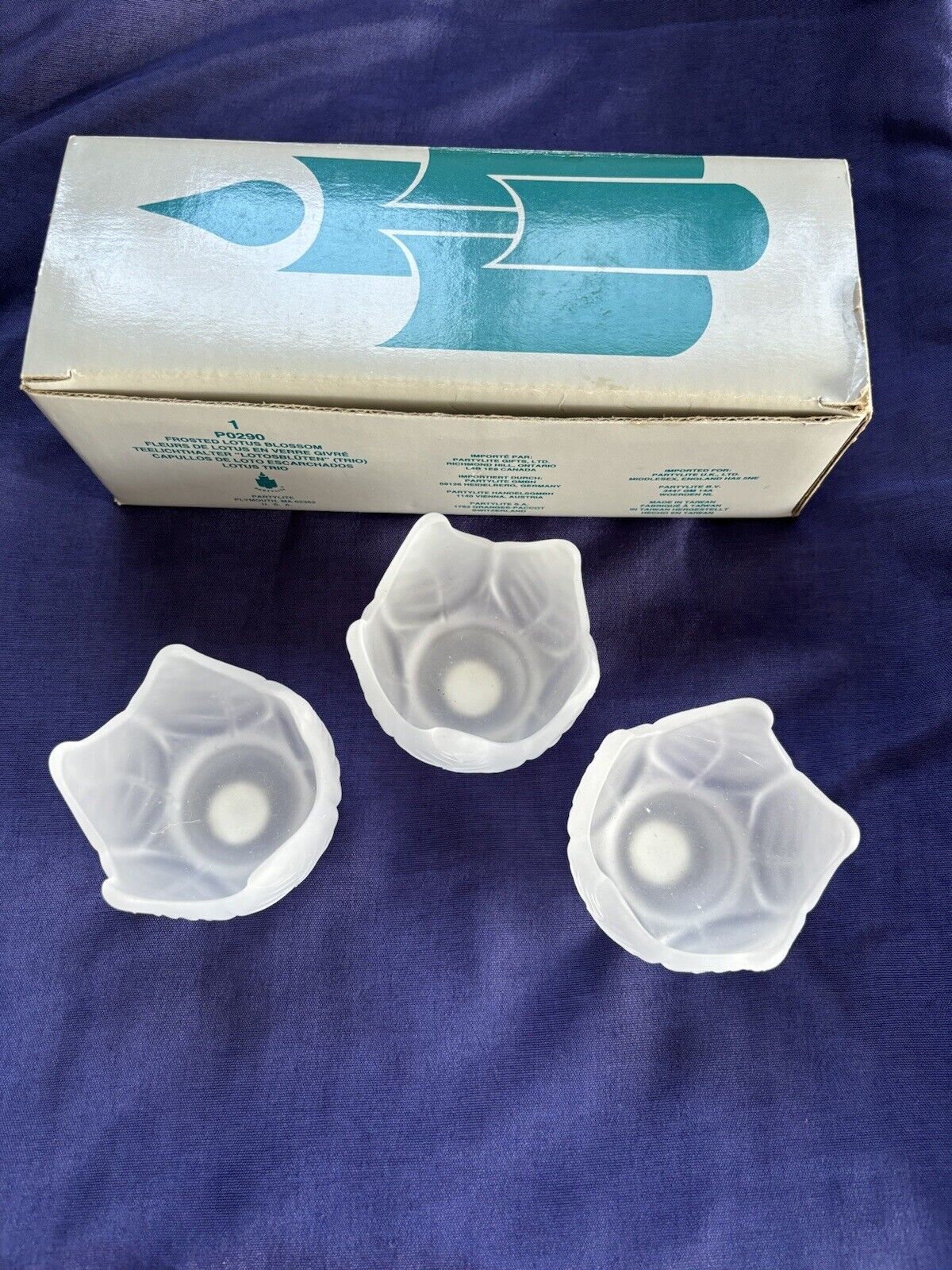 PartyLite 3 Frosted Lotus Blossom Votive Candle Holders P0290 In Original Box 