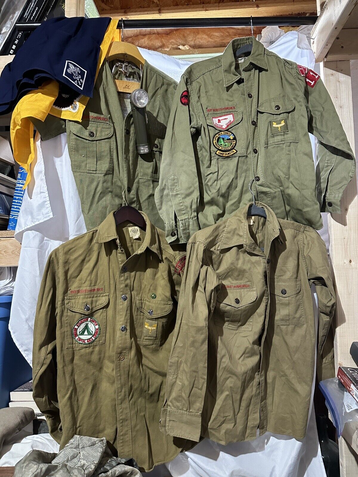 Large lot of VTG Boy Scout Items Shirts, Neckerchiefs Flashlight