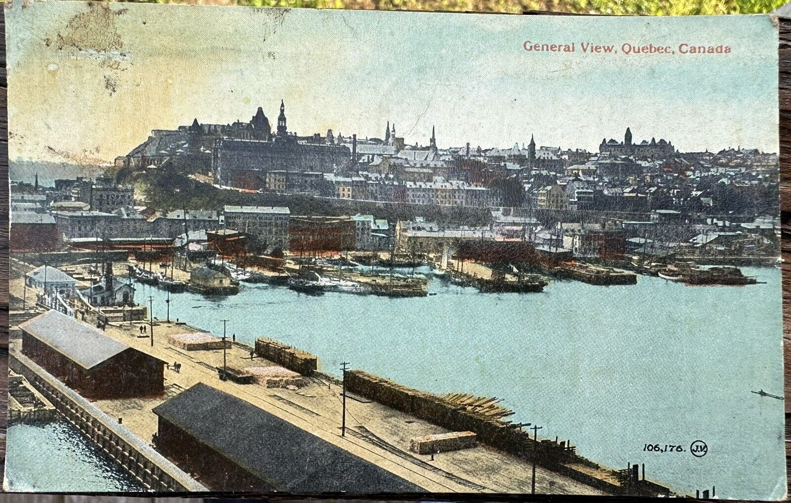 1919 Postcard Aerial View Quebec Canada, Bridge, Waterfront, Boats, Industry
