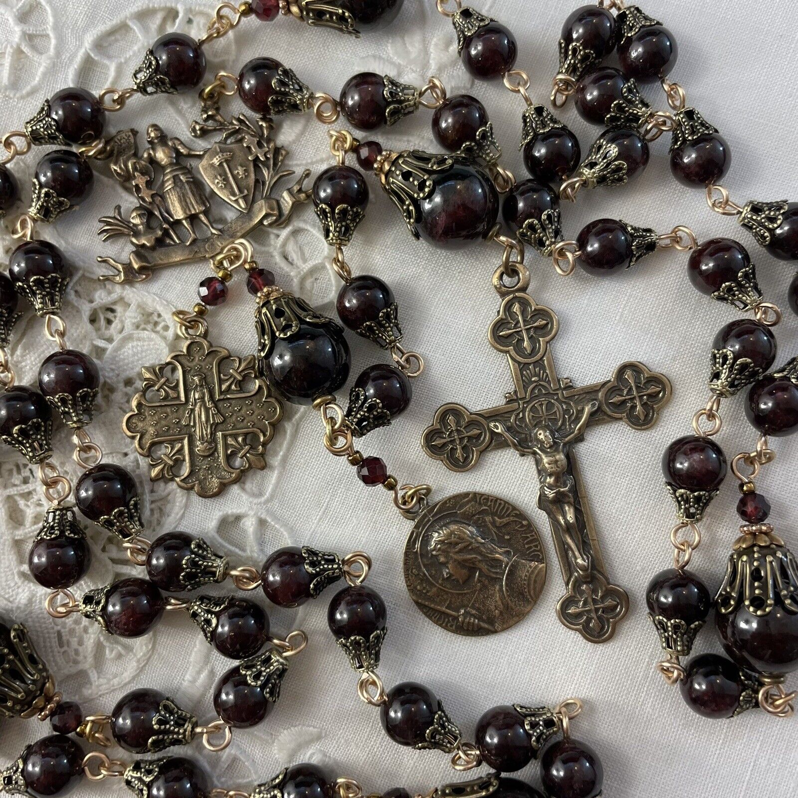Gorgeous Garnet Rosary St Joan of Arc French Medals Solid Bronze Crucifix