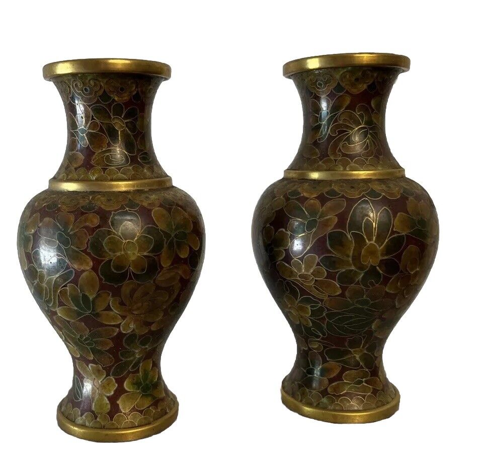 Vintage Cloisonné Pair Of Chinese Vases Height 5.25 Inch Multi Color Gold Trim