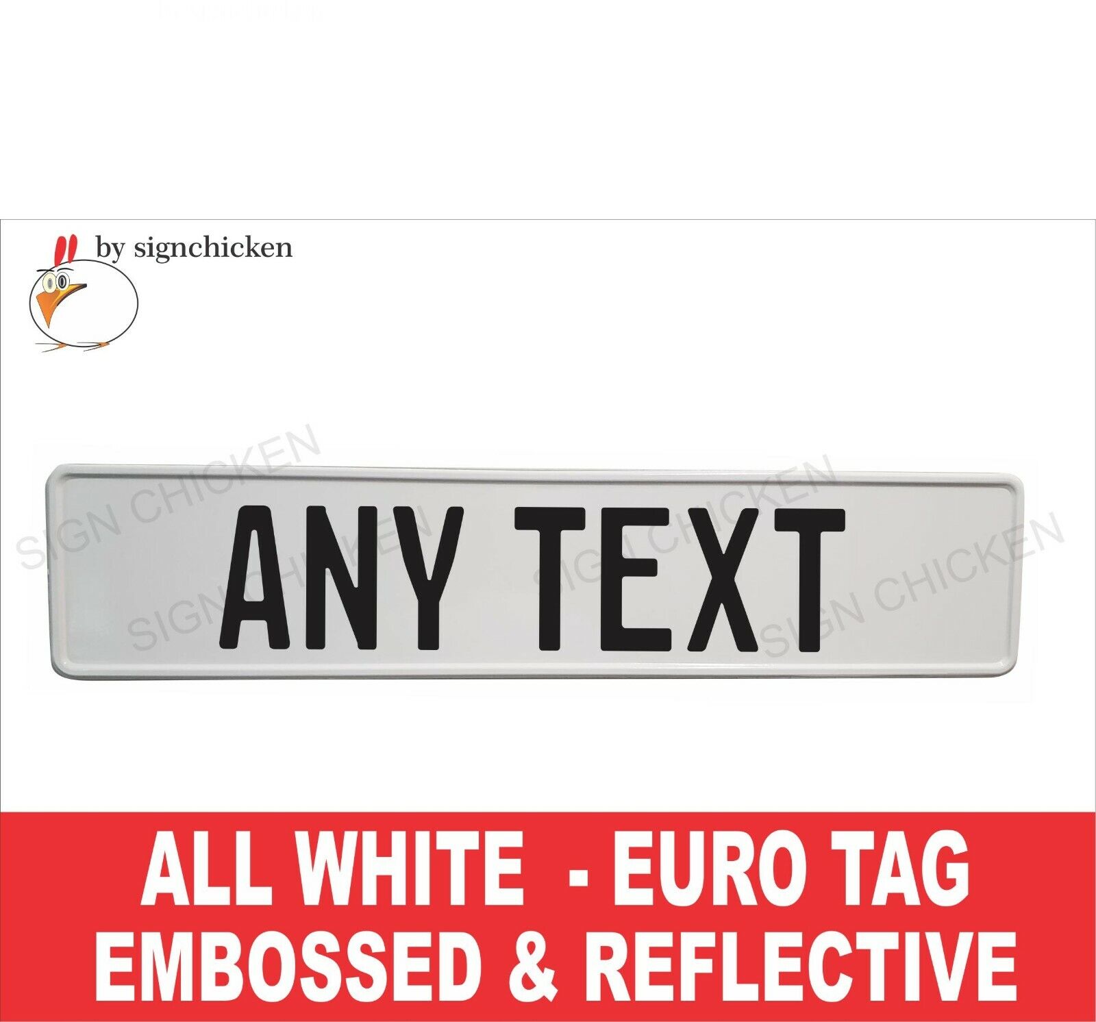 ALL WHITE  Euro, European License Plate. Embossed - ANY TEXT, TAG, BMW, CUSTOM