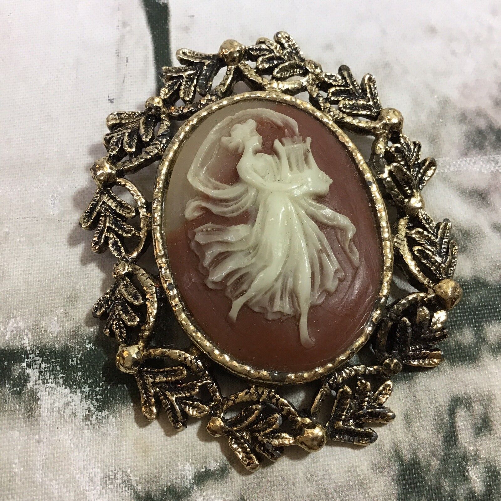 Vintage Cameo Ornate Oval Pendant Woman Playing Harp Collectible Jewelry 