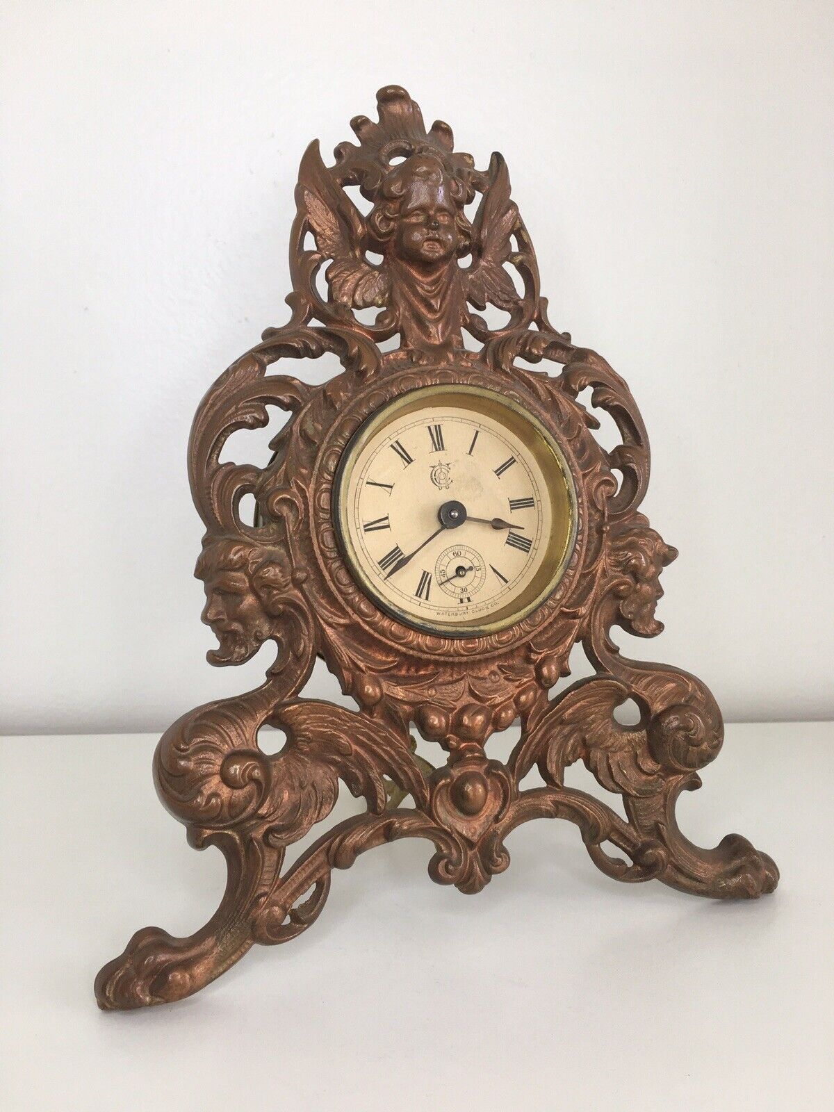 Antique Waterbury Copper Brass Gold Art Nouveau Griffin Cherub Mantle Clock 1878