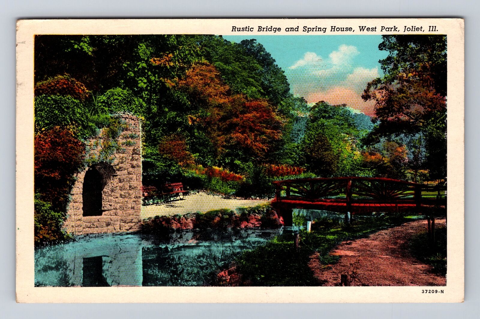 Joliet IL-Illinois, Rustic Bridge, Spring House, Park, Vintage c1953 Postcard