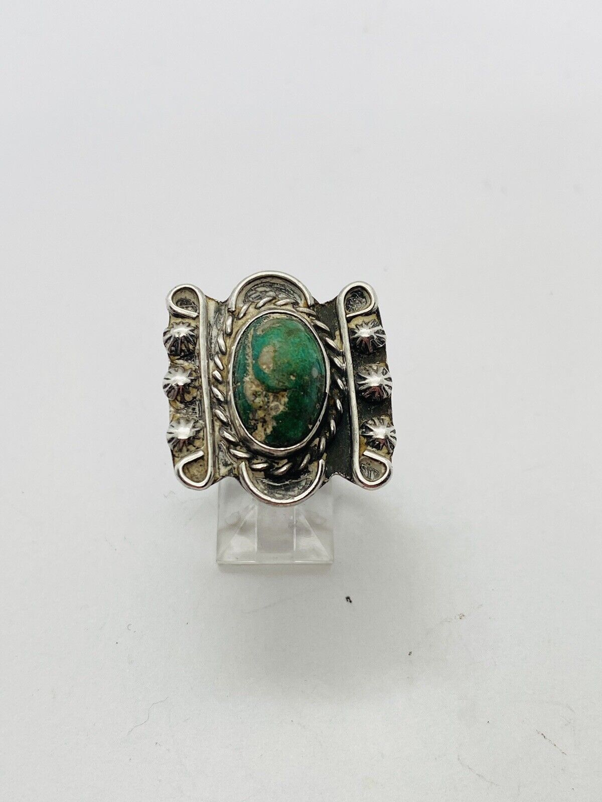 SIZE 8.5 8.3g EARLY HARVEY ERA TURQUOISE STERLING SILVER RING GREEN RARE