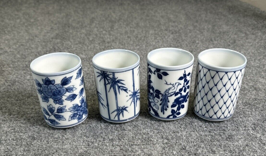 Pier 1 Sake Cups Blue/White Japanese Stoneware Set Of 4