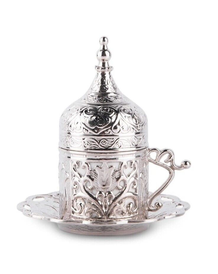 Tulip Turkish Arabic Silver Demitasse Cup & Saucer With/Lid Absolutely Stunning 