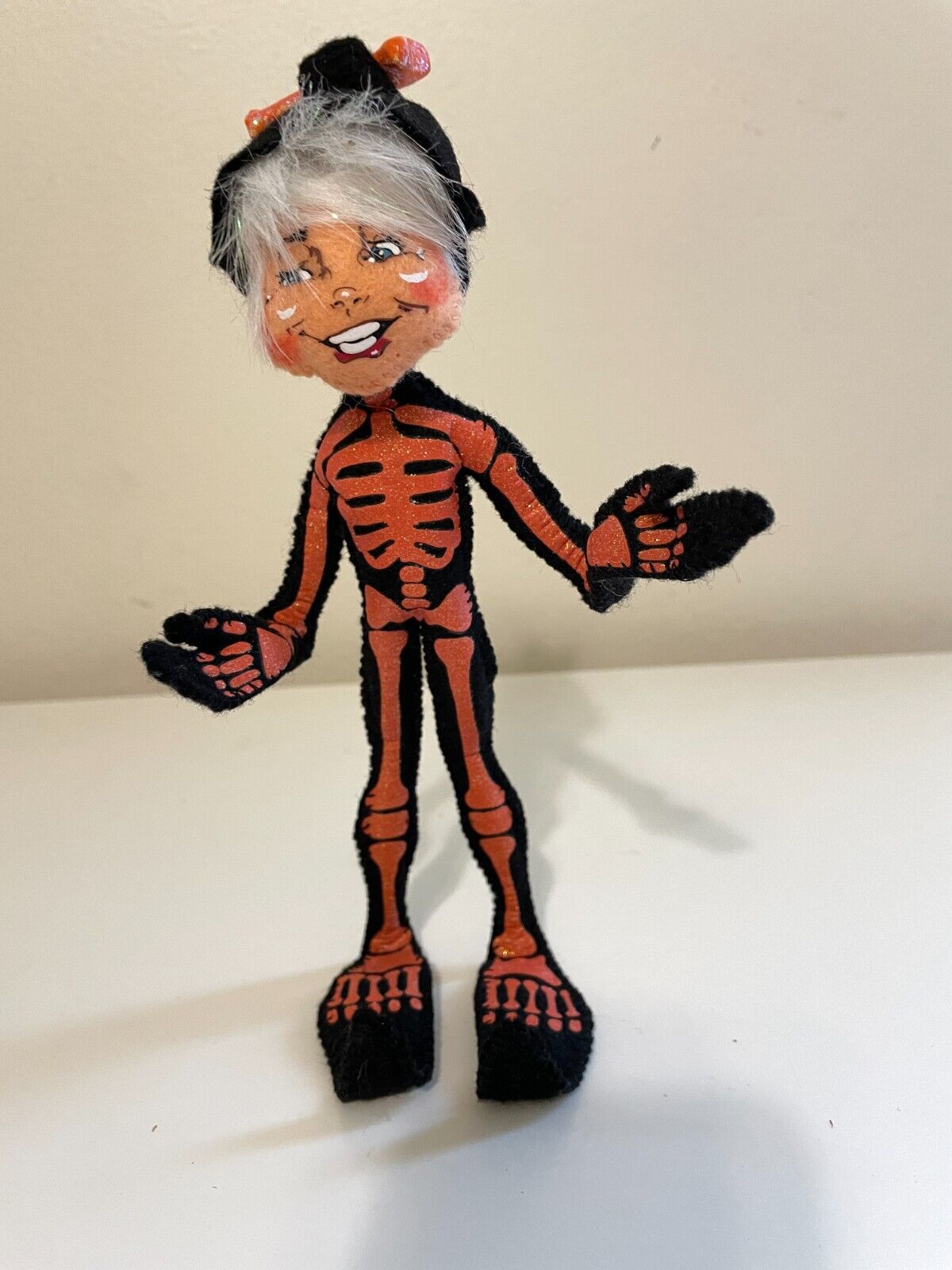 Annalee Halloween Skeleton Elf Doll Orange & Black Posable Figurine 9