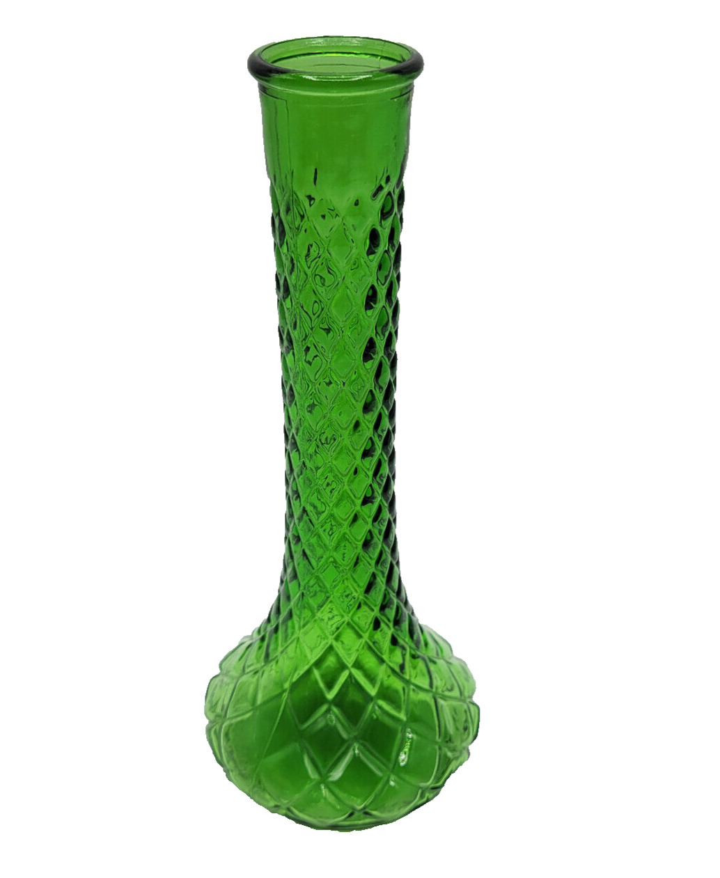 Vintage Green Hoosier Glass Bud Vase Quilted Diamond Pattern MCM 9\