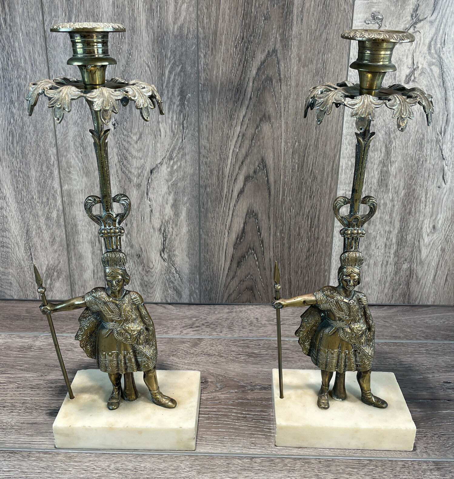 ANTIQUE BRASS CANDLESTICK MARBLE WARRIOR CANDLE HOLDERS 1850 SET OF 2