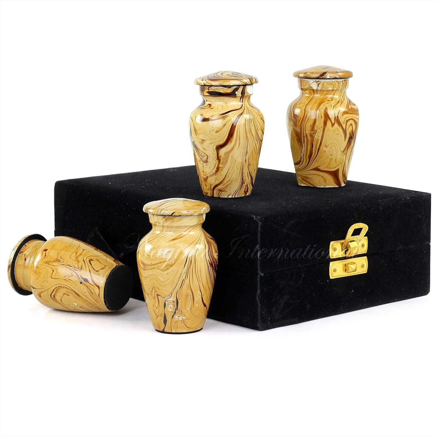 Set of 4 Keepsake Cremation Mini Funerary Urns with Velvet Box, Caramel Brown