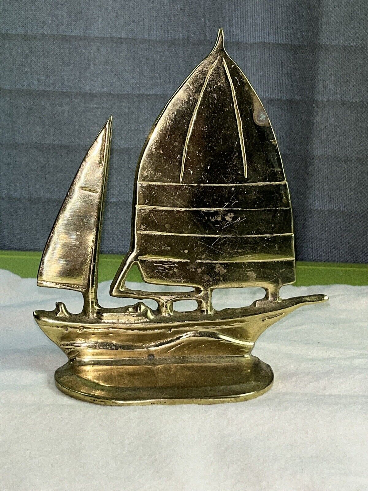 Vintage Solid Brass Sailboat Statue Book End Shelf Figure Collectible & In EUC