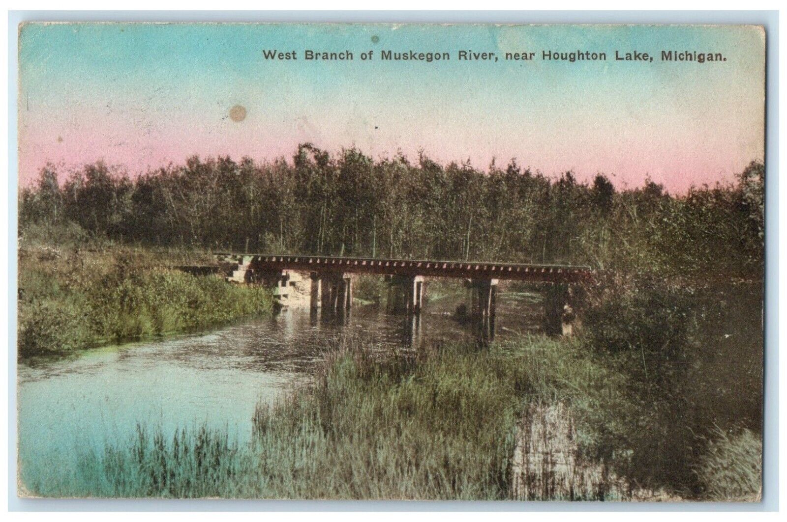 1924 West Branch Muskegon River Houghton Lake Michigan MI Hand-Colored Postcard