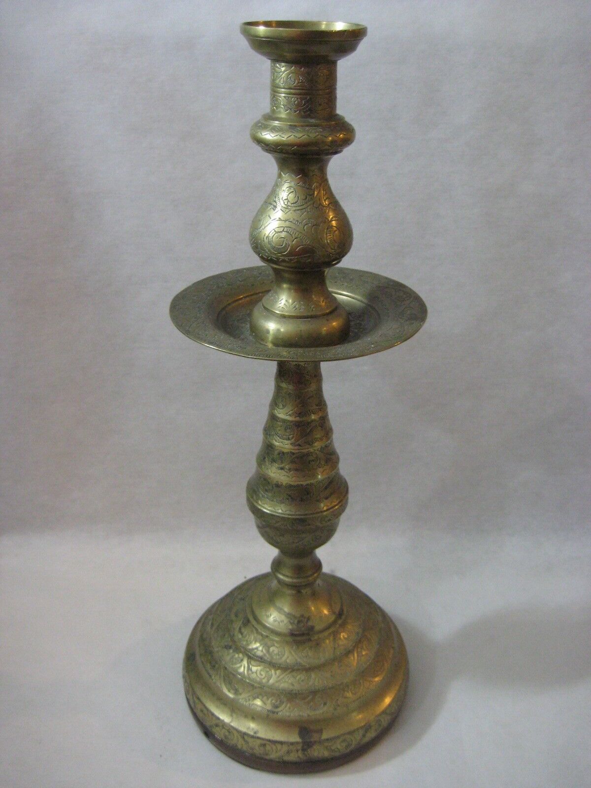 RARE LARGE VINTAGE CHINESE/INDIA HAND CHASED IN BRASS CANDLESTICK HOLDER