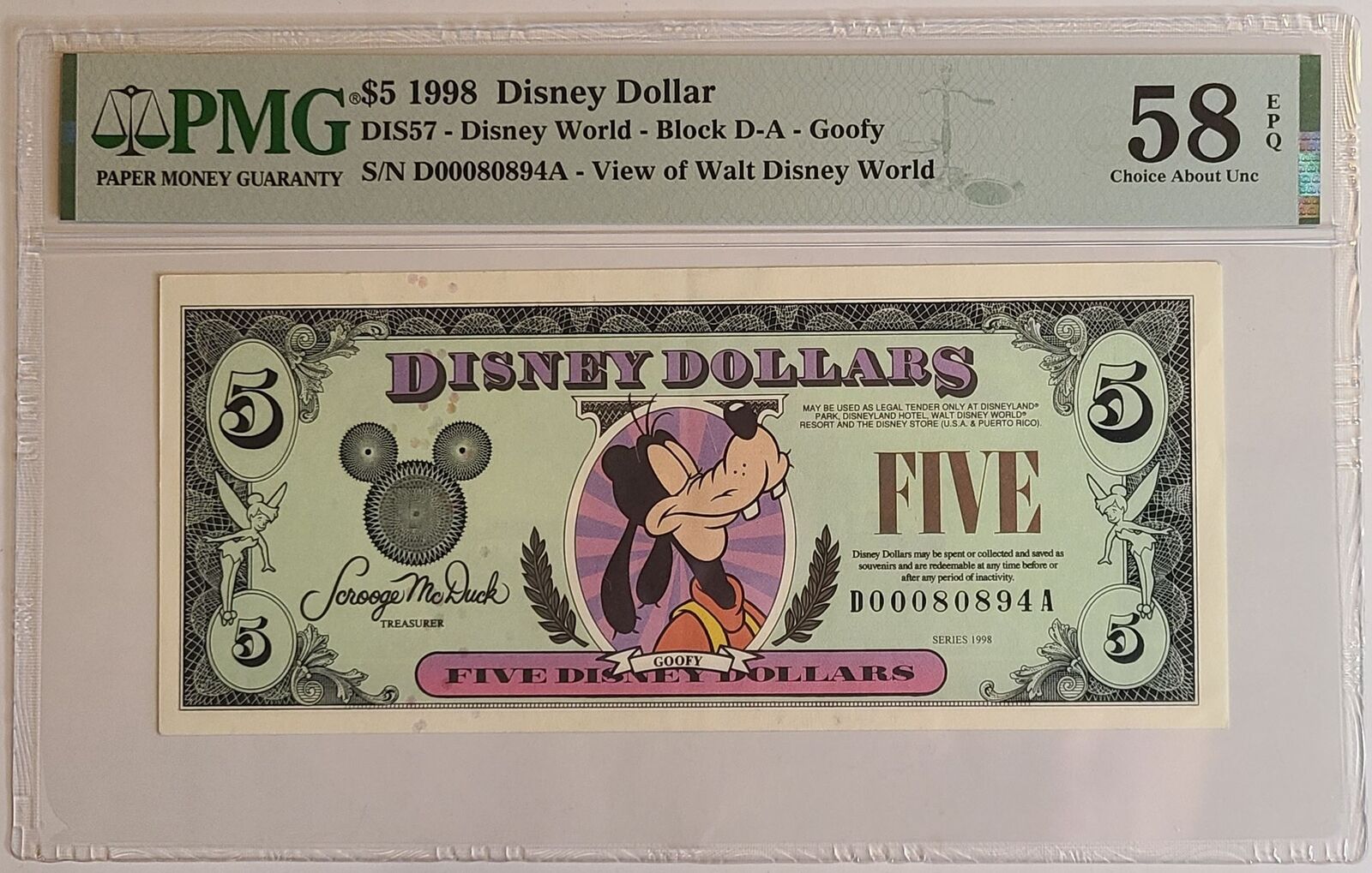 RARE 1998 DA Series $5 Goofy Disney Dollar - PMG 58 EPQ