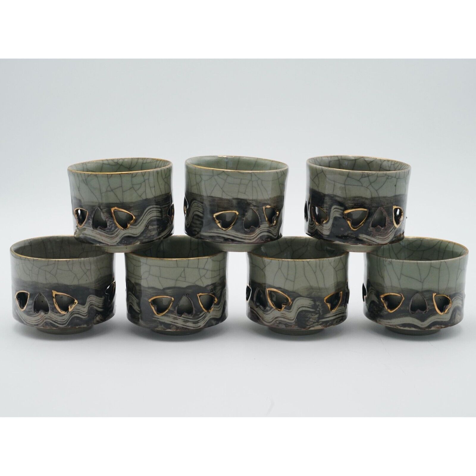 Vintage Obori Somayaki Sama Ware Crackle Double Wall Tea Cups Set of 7 Japan