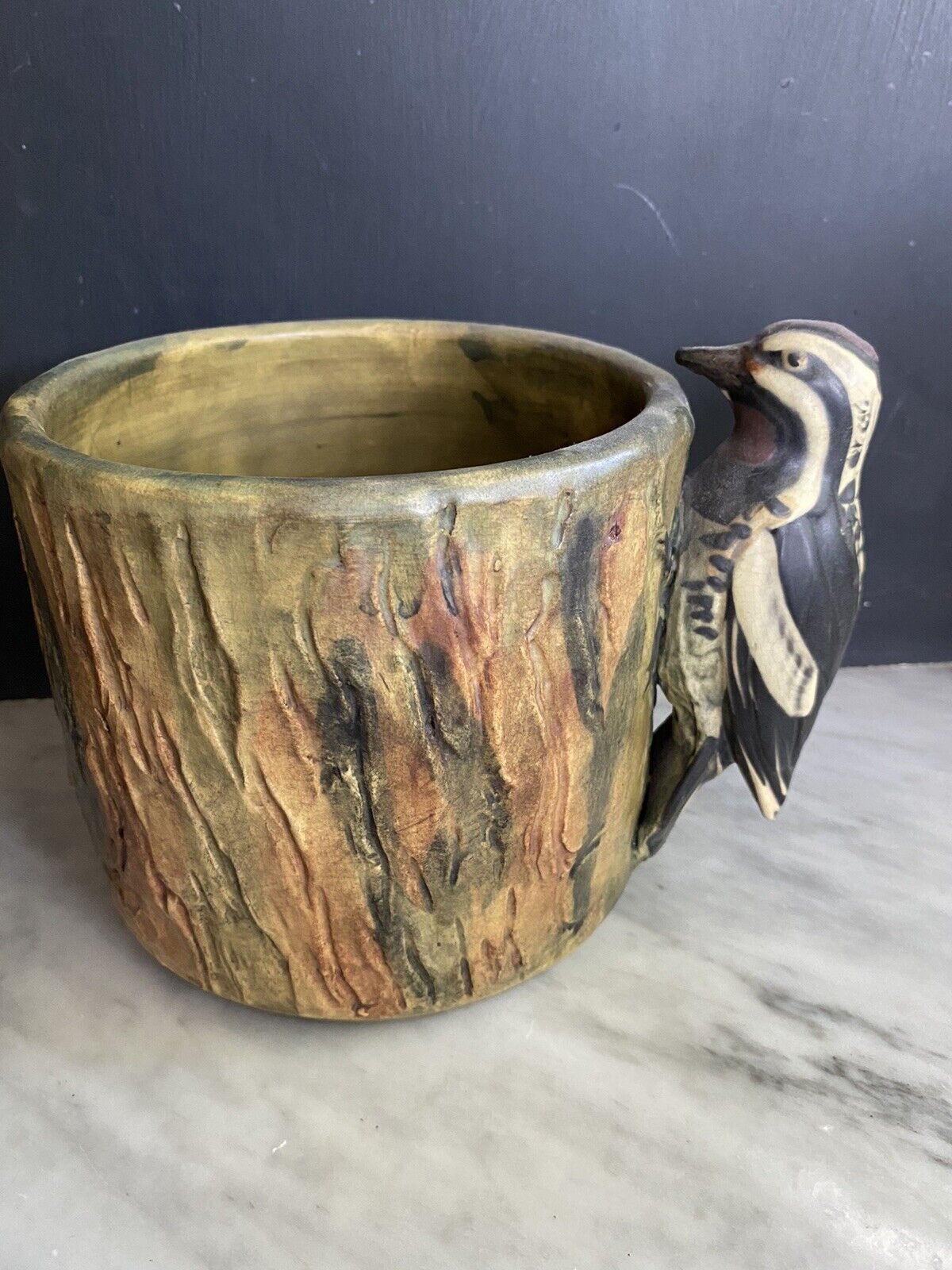 Antique Art Pottery Weller Woodcraft Forest Woodland Woodpecker - Fabulous piece
