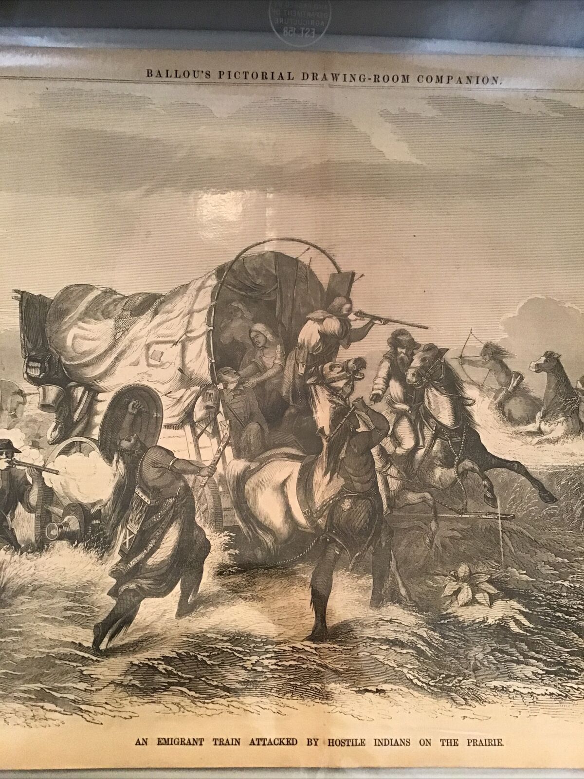 An Emigrant Train Attacked by Hostile Indians on the Prairie from Ballous 8/1857