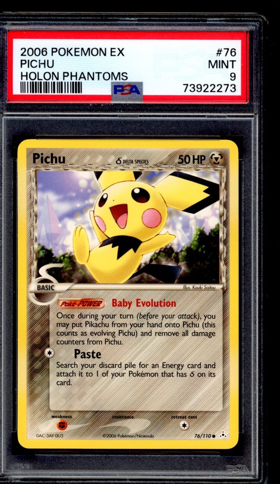 PSA 9 Pichu 2006 Pokemon Card 76/110 Holon Phantoms