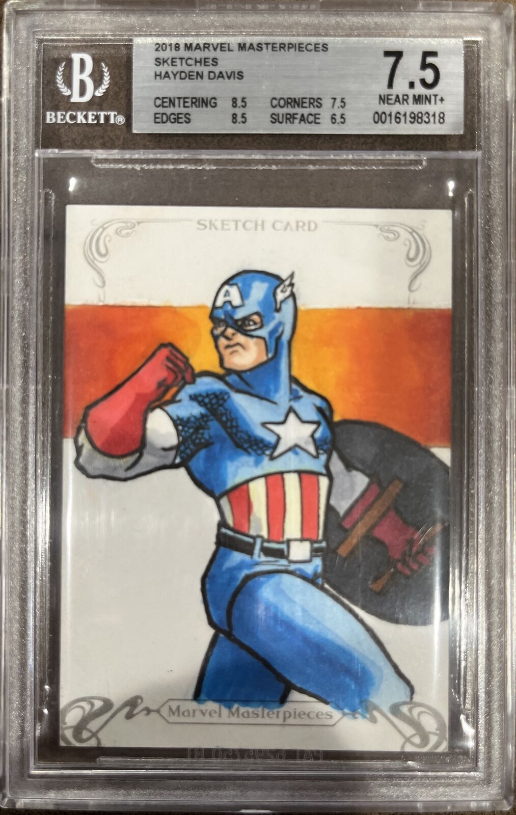 2018 Marvel Masterpieces Sketch Card Captain America 1/1 Hayden Davis BGS 7.5