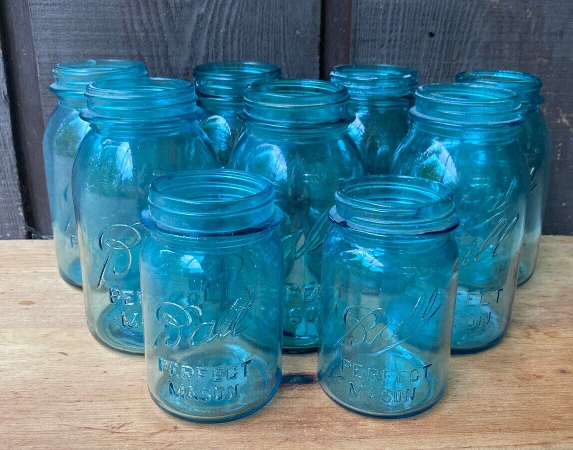9 Vintage 1923-1933 Aqua Blue Ball  Mason Jars 7 Quart 2 Pint