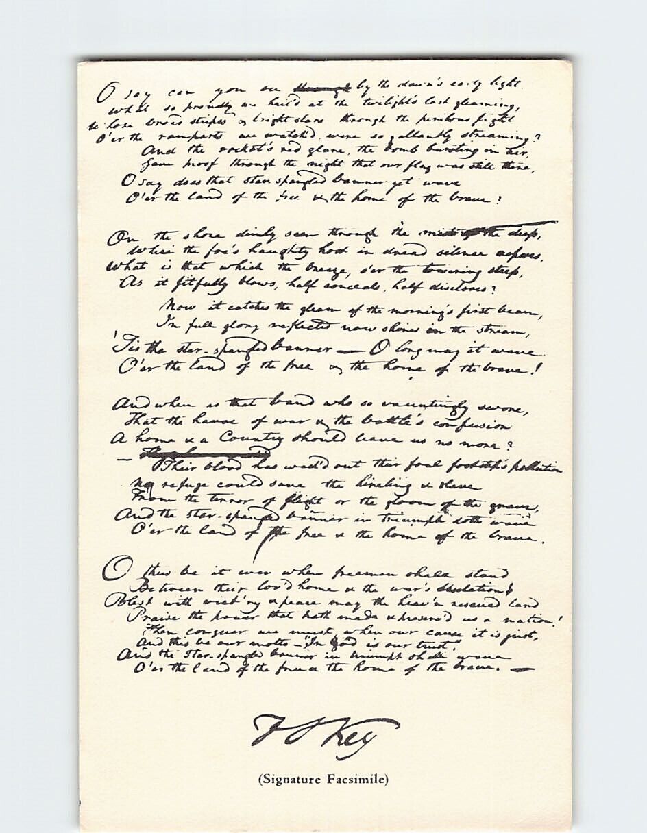 Postcard Star Spangled Banner Anthem manuscript Baltimore Maryland USA