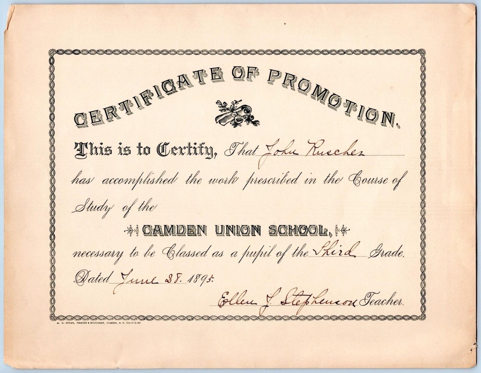 1895 CAMDEN UNION SCHOOL NEW YORK PROMOTION CERTIFICATE JOHN RUSCHER 3rd GRADE