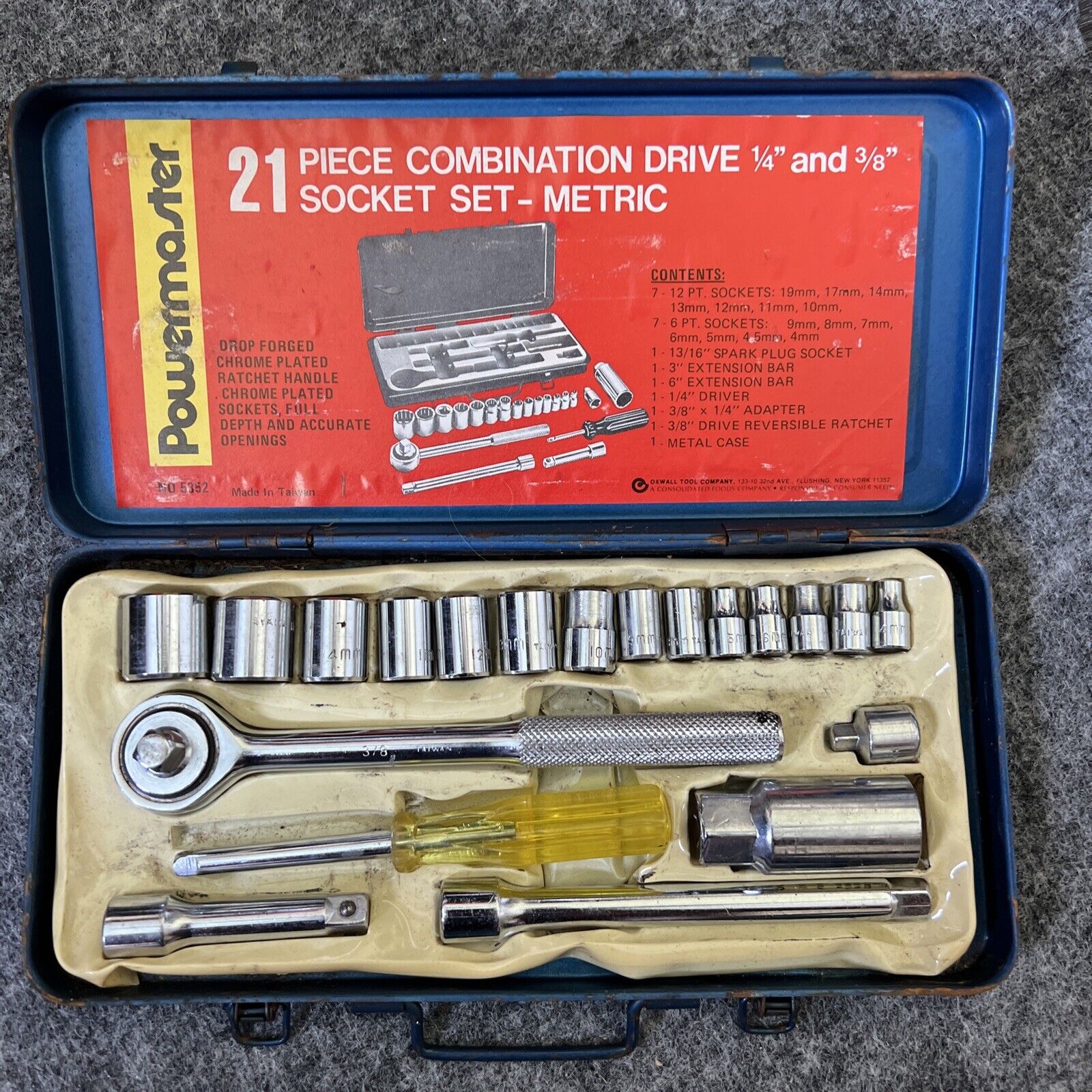 Vintage Powermaster 3/8” Drive Oxwall Tools 21 Pc. Socket Set Metric No. 5352