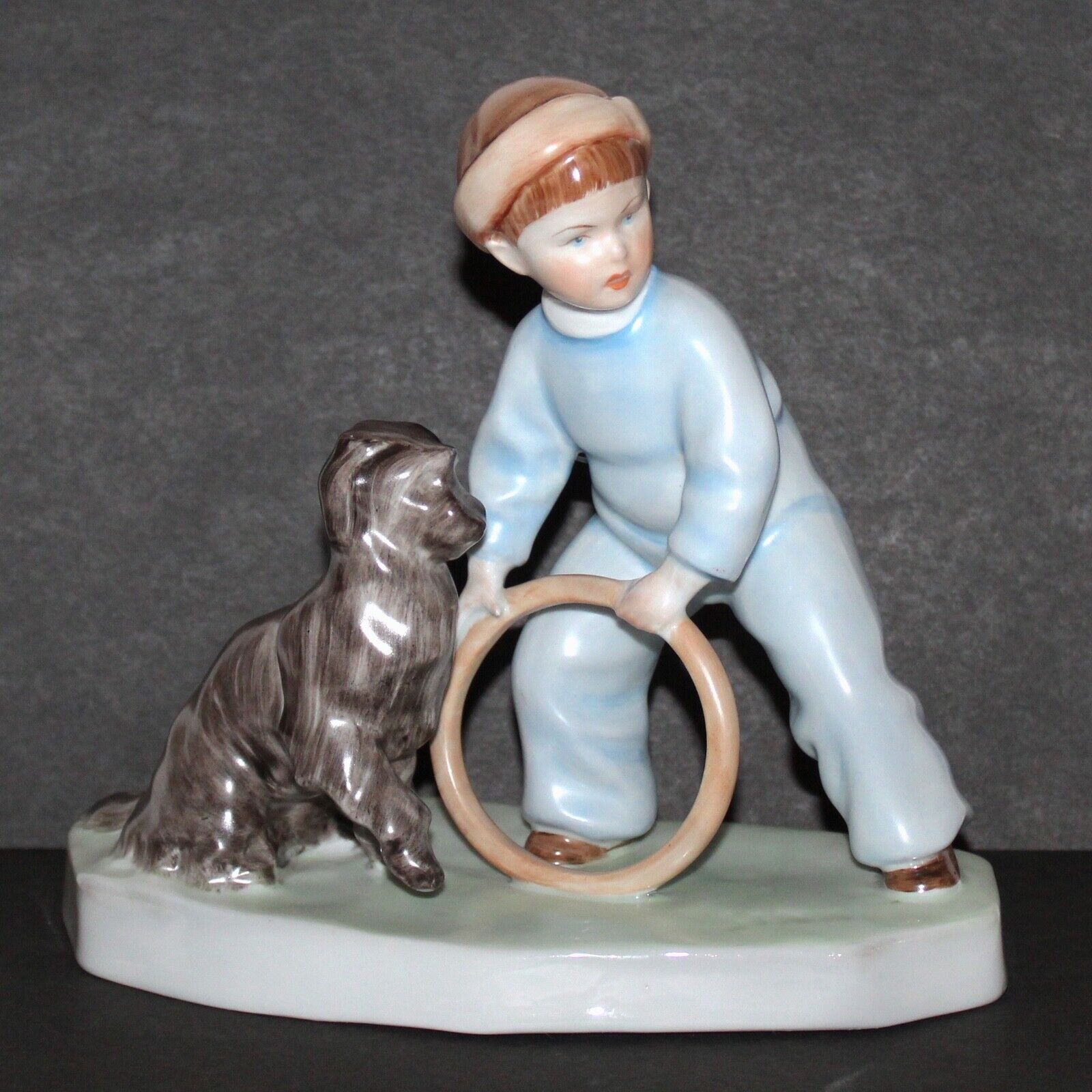 Vintage Large Zsolnay porcelain figure Boy Dog with Hoop Andreas Sinko Hungary