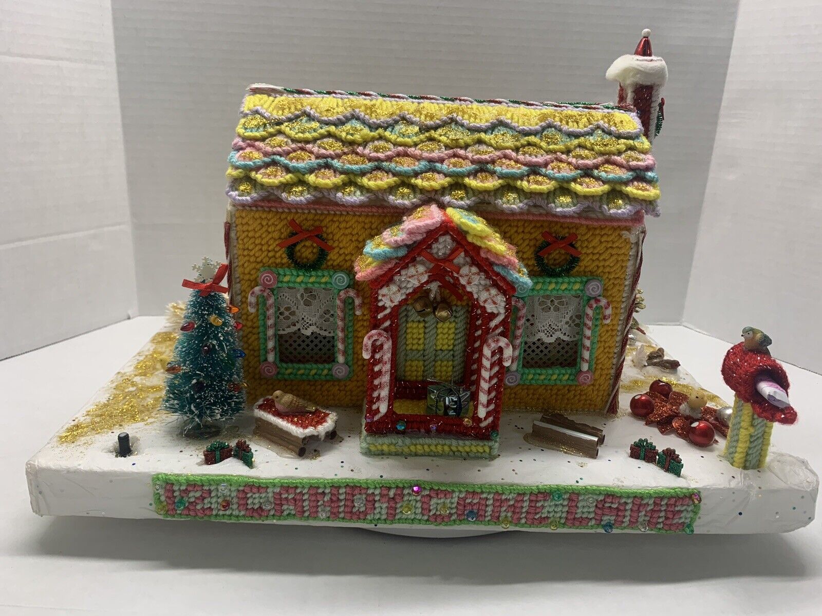 LOOK Vintage Custom Built Candy Cane Lane Cross-Stitched House - DETAILED