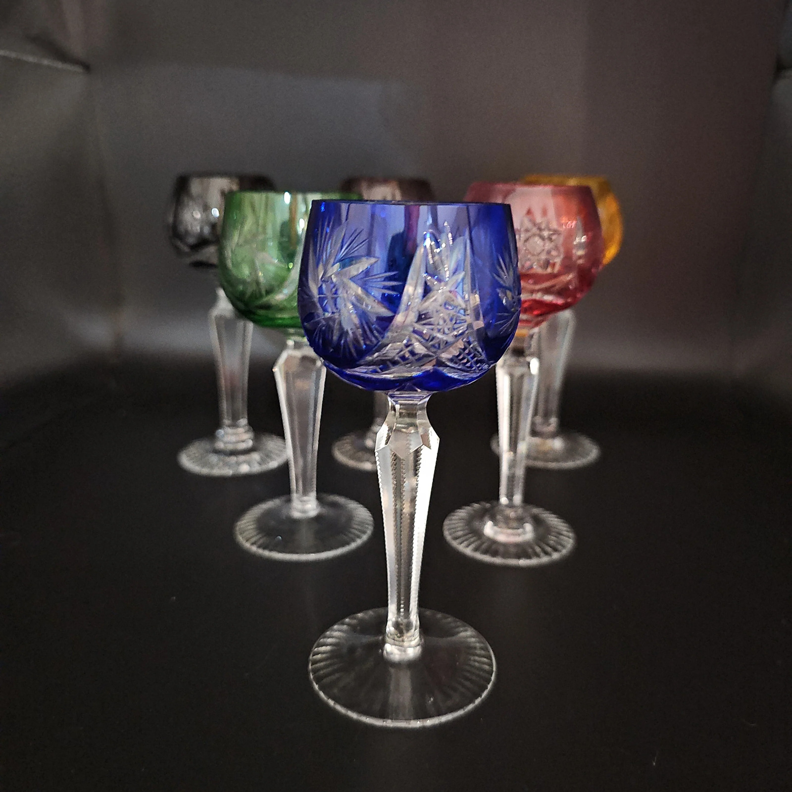 Set of 6 coloured Bohemian cut to clear Crystal liqueur glasses