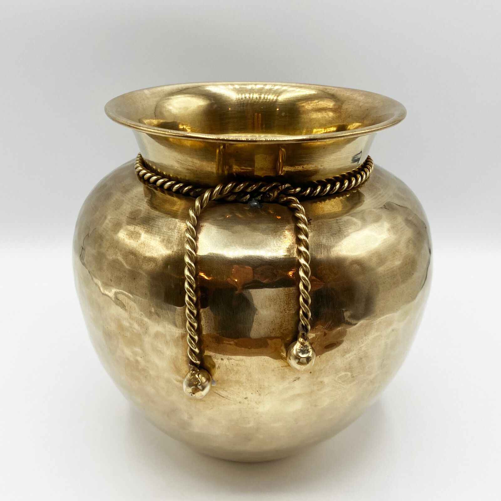 Vintage Hammered Polished Brass Planter with Rope Detail - Vase Urn Bucket
