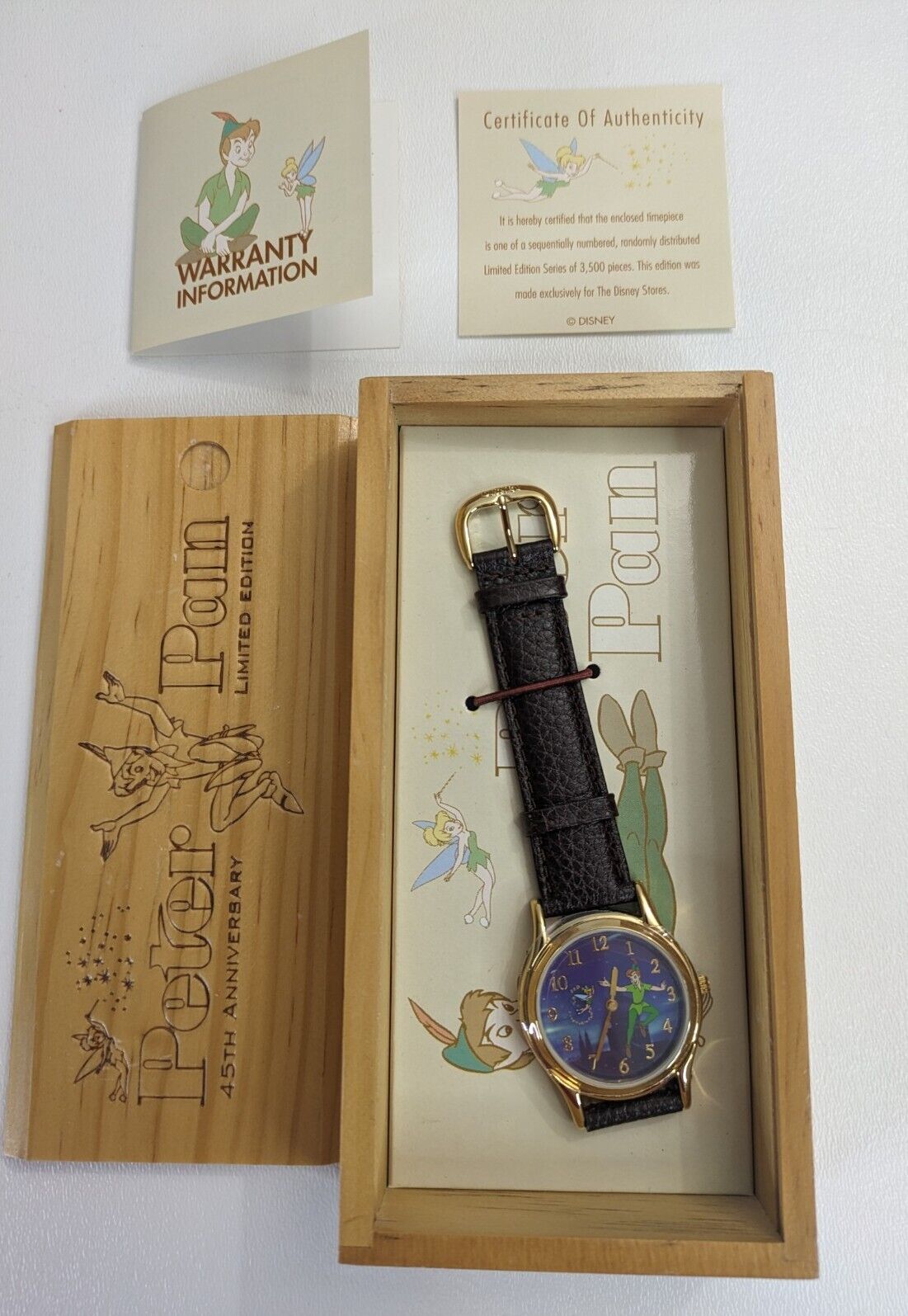 Disney PETER PAN 45th WATCH Peter Pan & Tinker Bell in Etched Wood Case LE 